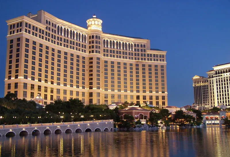 Luxury 5-star resort hotel illuminated at dusk